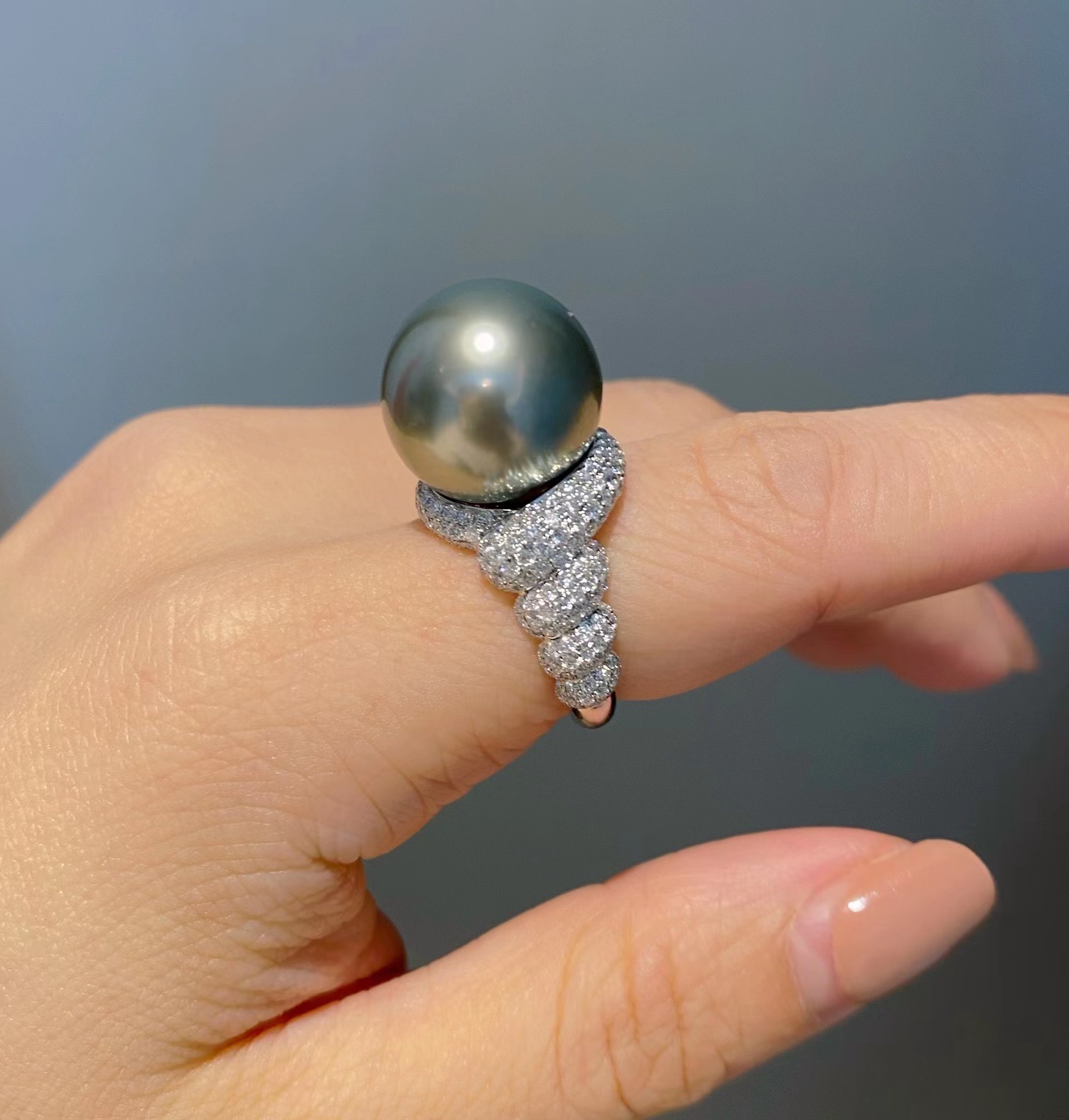 『玥翠』原创设计 优雅高级 15mm天然正圆大溪地铂金灰珍珠戒指