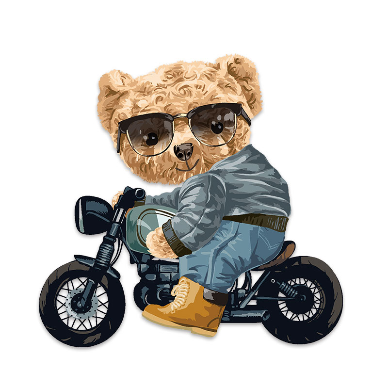 2021新款牛仔墨镜熊骑摩托车印花烫花烫印图案柯式热转印烫画贴