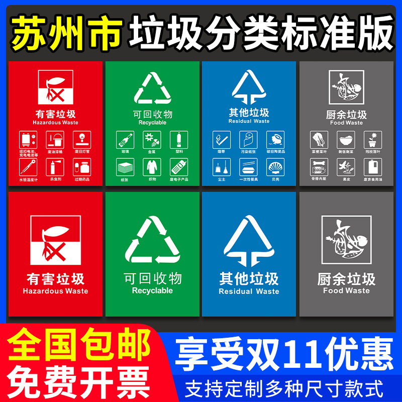 苏州市垃圾分类标识贴纸北京上海杭州通用款垃圾桶标示贴不可回收有害其他厨余垃圾小区家用提示宣传海报定制