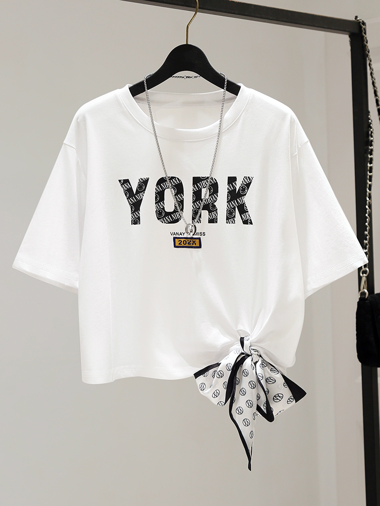 短袖t恤女2021夏季新款韩版ins潮设计感小众白色绑带宽松短款上衣