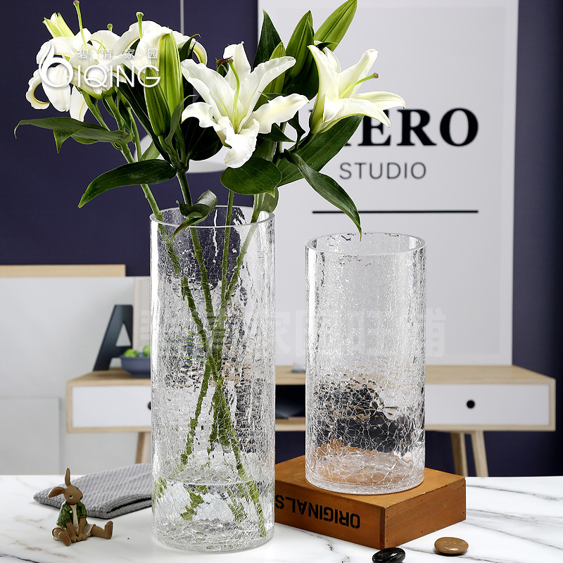 特大号花瓶玻璃透明高40厘米裂纹富贵竹水竹鲜花百合简约冰裂束腰