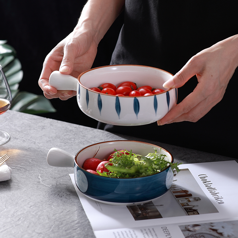 北欧日式手绘陶瓷带手柄碗水果蔬菜沙拉碗烤箱陶瓷网红早餐焗饭碗