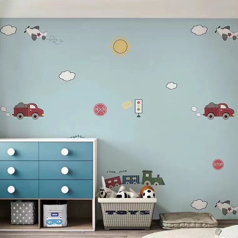 3D小汽车墙纸儿童房卡通飞机墙布男孩卧室简约床头壁纸幼儿园墙布