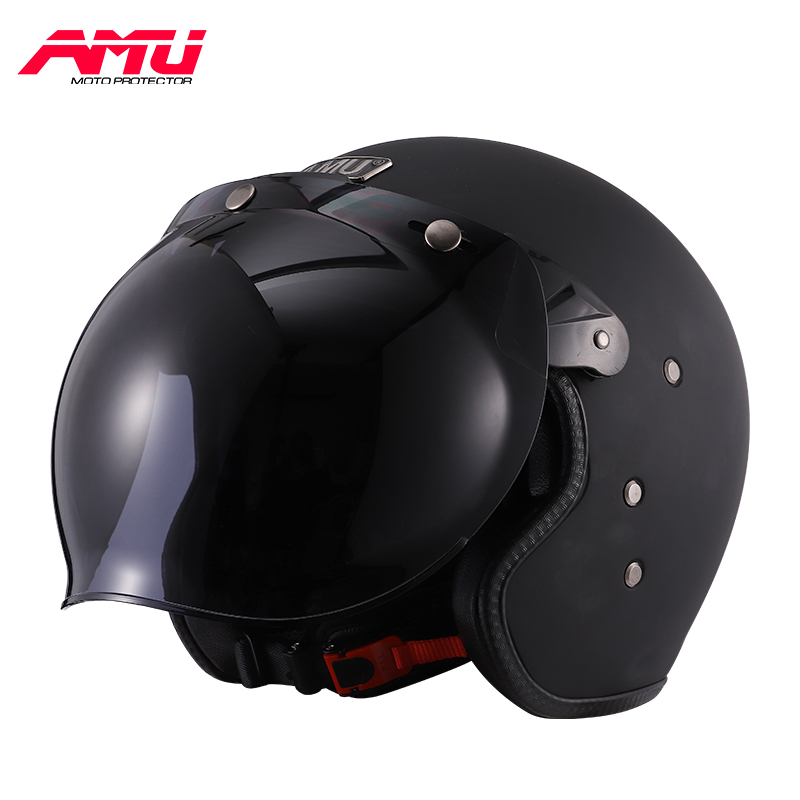 高档AMU复古摩托车骑行头盔男机车玻璃钢安全帽头盔半盔四季通用