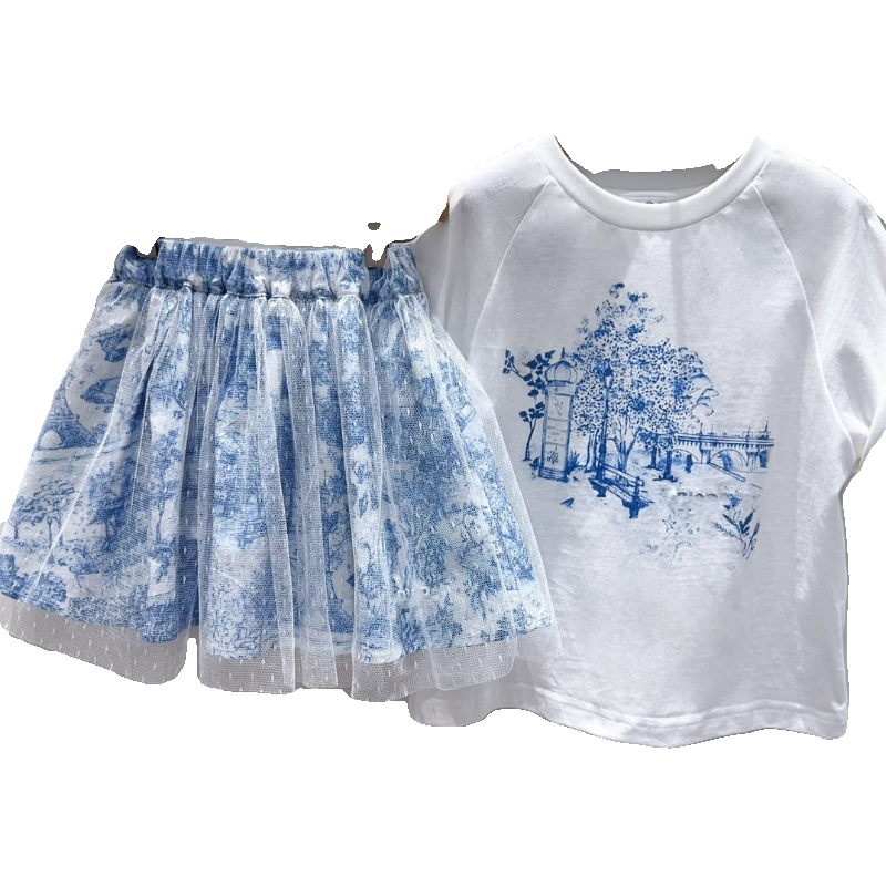 洋气新中式风格男女童胸前印花T恤半裙套装青花瓷蓝花朵图案童装