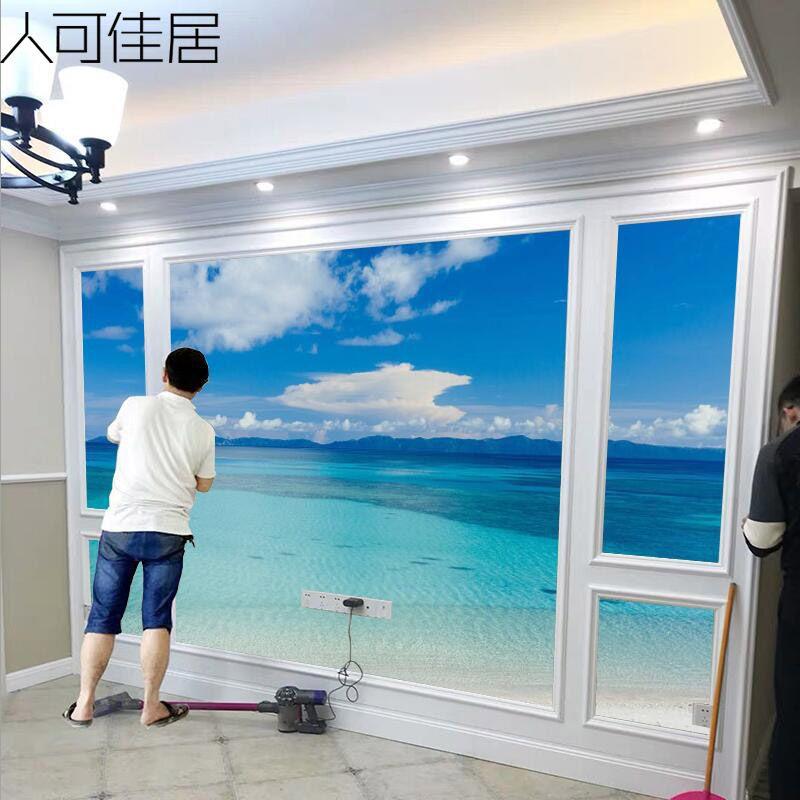 蓝天白云海景电视背景墙纸酒店大海沙滩风景主题壁画客厅沙发壁纸