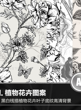 植物花卉线描叶子底纹高清背景AI矢量黑白图包装设计素材模板PNG