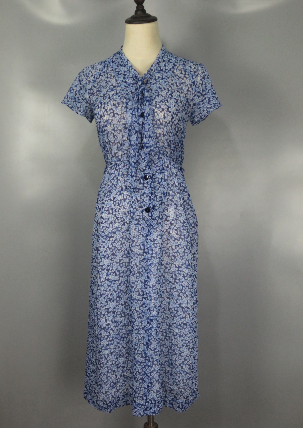Vintage 古着正品90年代日本中古蓝色碎花系带淑女短袖雪纺连衣裙