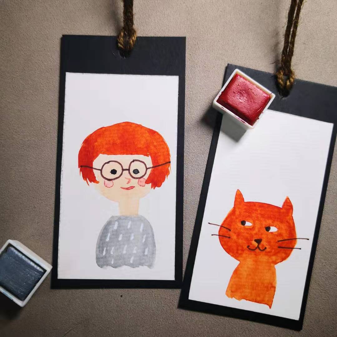 【三猫手绘】水彩画作品《带眼镜的小女孩》《大橘猫》19书签