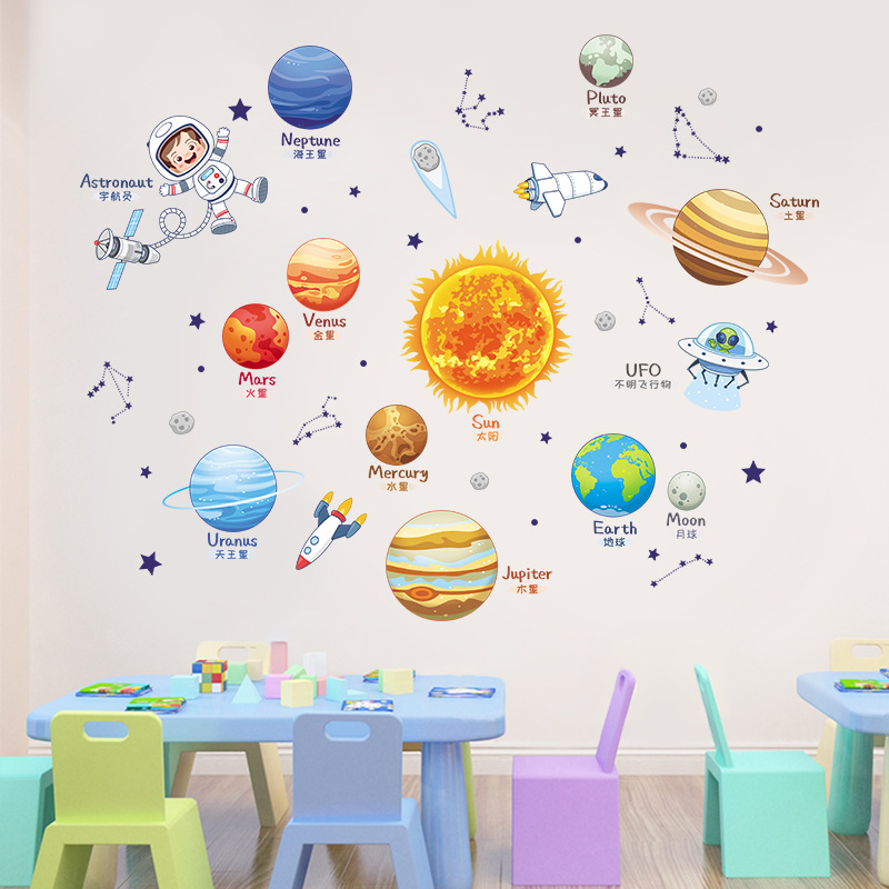 九大行星水晶星空星球贴画宿舍改造儿童房卧室寝室卡通装饰贴自粘