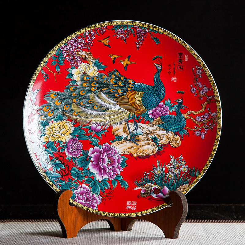 景德镇陶瓷器中国红富贵图装饰挂盘坐盘家居酒柜博古架工艺品摆件