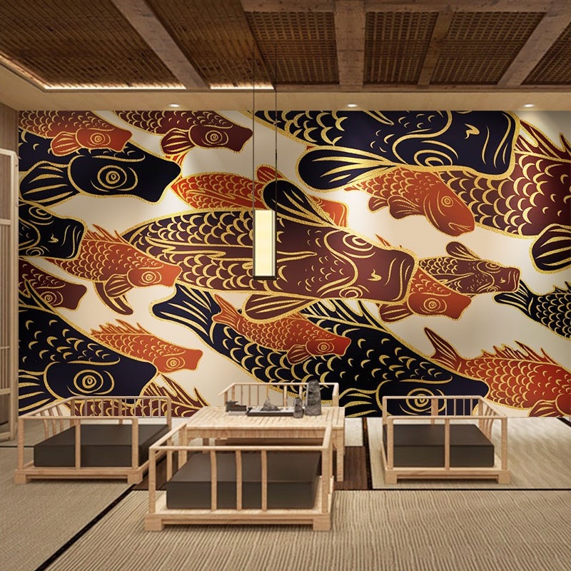 日式锦鲤壁纸饭厅包厢壁布手绘鱼和风浮世绘壁画居酒屋寿司店壁纸