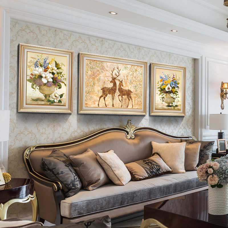 客厅装饰画三联画壁画欧式大厅福禄上海正品美式沙发背景墙画挂画