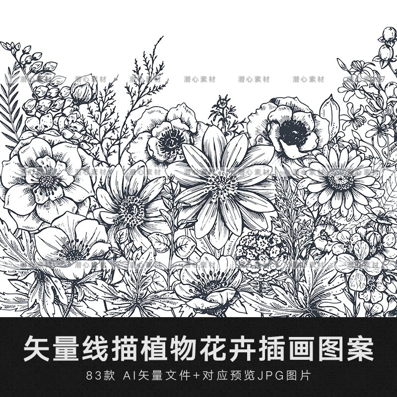 矢量AI复古手绘线描白描花卉植物花环装饰边框花团图案设计素材