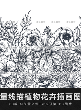 矢量AI复古手绘线描白描花卉植物花环装饰边框花团图案设计素材
