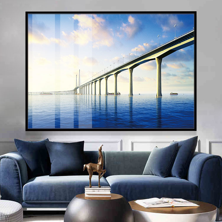港珠澳大桥梁装饰画大海风景长方形单幅晶瓷画公司茶水间横向挂画