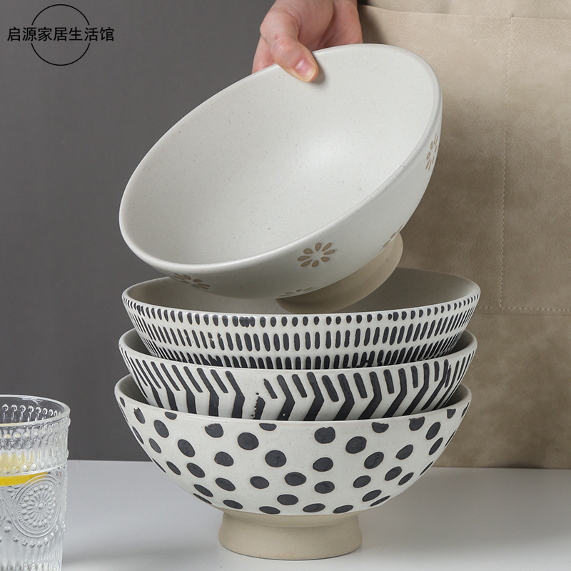 创意浮雕面碗日式复古特色家用嗦粉吃面螺蛳粉碗好看的高脚斗笠碗
