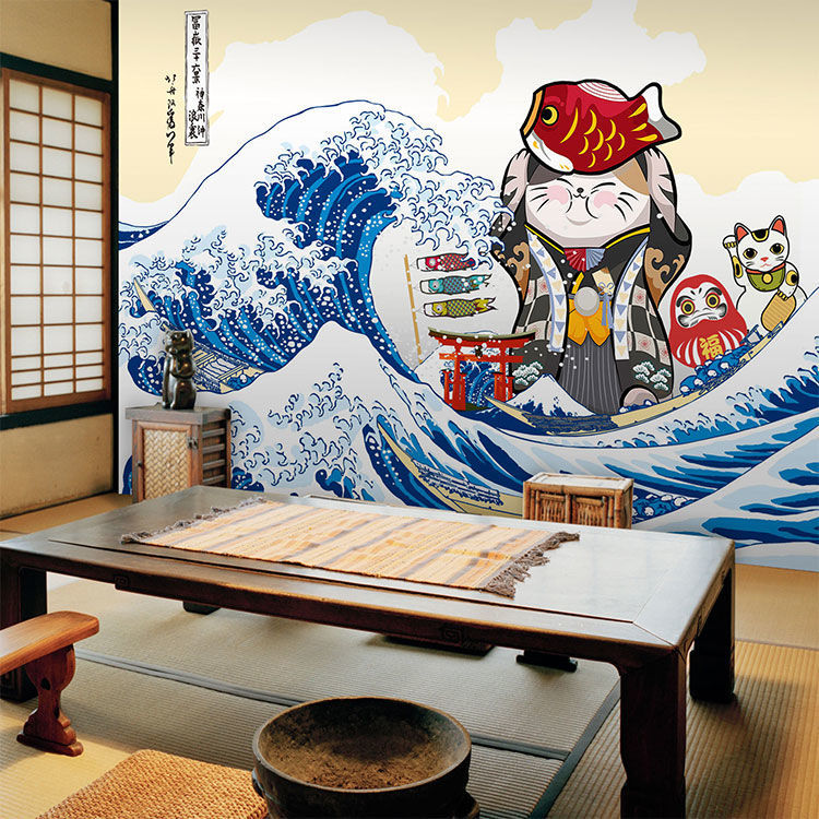 日式招财猫浮世绘壁纸和风日料寿司店富士山居酒屋背景3d墙纸壁画