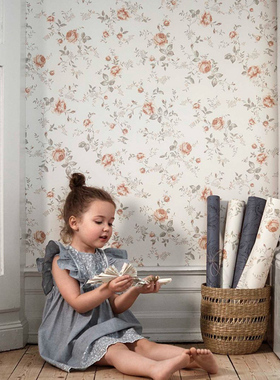 瑞典进口墙纸定制儿童房玫瑰花园北欧小碎花卧室壁纸客厅墙布壁布