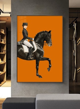 橙色美女骑士挂画骑马人物玄关壁画北欧马术客厅沙发背景墙装饰画