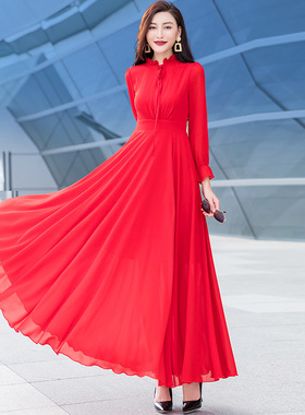 雪纺红色长袖连衣裙女2024夏季新款高端白色修身气质减龄大摆长裙