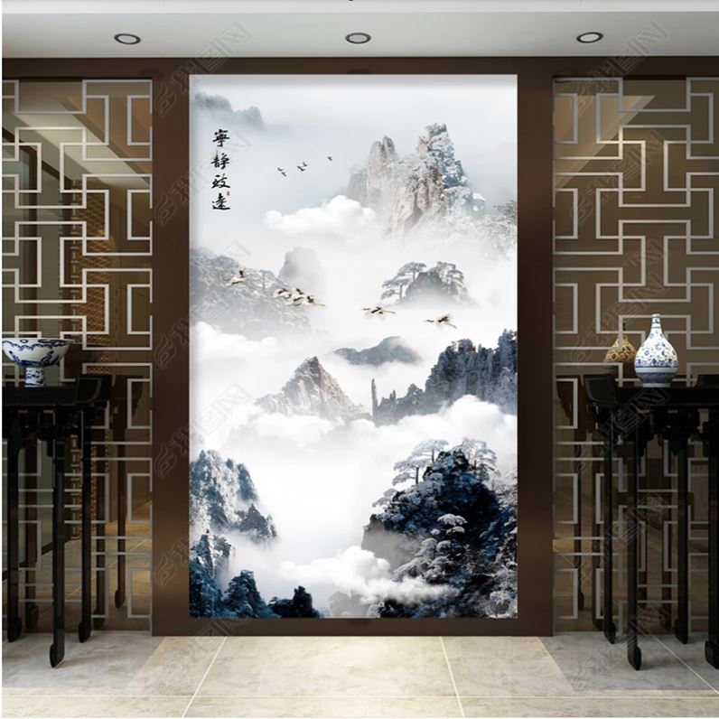 中式意境水墨山水画玄关背景墙宁静致远山水情过道走廊墙纸壁画
