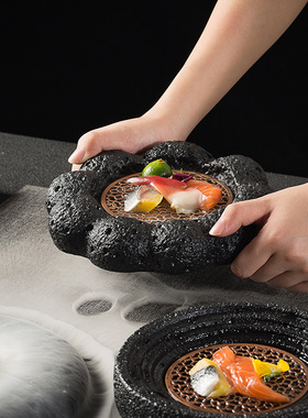 黑色干冰盘分子料理创意仿火山石球盘私厨餐厅高档米其林日料餐具
