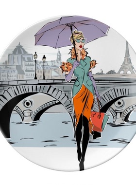 河流大桥女士法国插画陶瓷餐盘子8寸月光盘餐具家居礼物