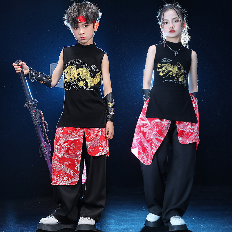 六一儿童中国风街舞演出服国潮背心套装男女童嘻哈hiphop表演服