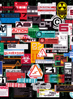 53枚电工业标志标签赛博朋克科技风行李箱笔记本电脑ipad手机贴纸