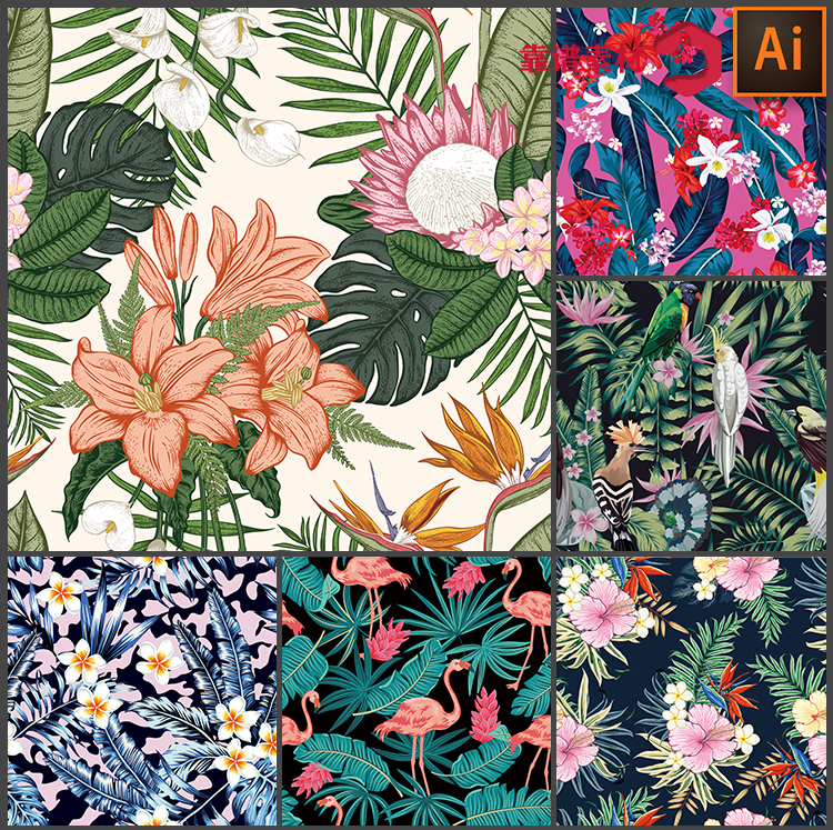 夏季火烈鸟鲜花植物叶子墙纸地毯服饰拼接印花图案AI矢量设计素材