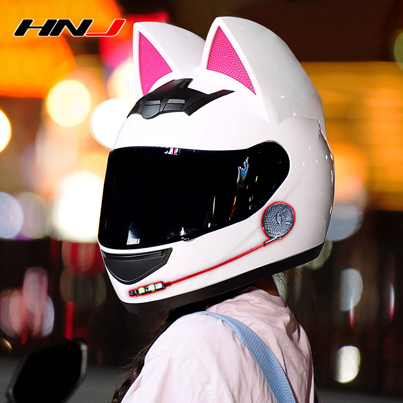 新款HNJ电动摩托车猫耳朵头盔女蝴蝶结可爱情侣机车全盔男安全盔