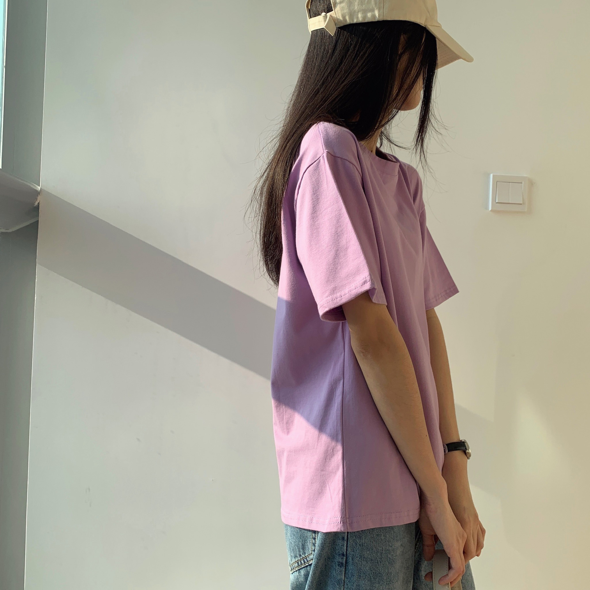 紫色t恤女2021新款春夏季女装基础款圆领白色短袖棉质上衣体恤ins