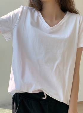 棉质短袖t恤女2021新款夏季白色v领纯色韩风chic宽松半袖上衣ins