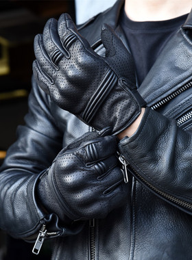 AMZ进口牛皮机车摩托车赛街车电动车骑行可触屏夏季防护透气手套