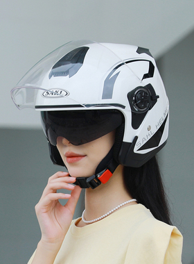飒克摩托车头盔国标3c认证半盔男女士四季通用双镜片电动车安全帽