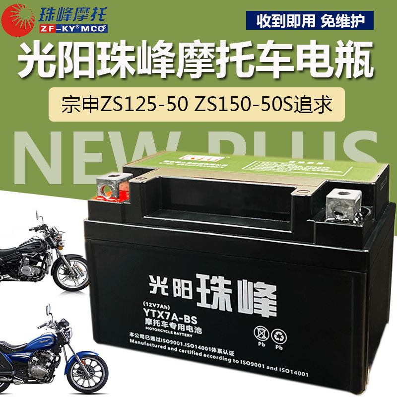 适用宗申尊龙/尊逸/ZS太子摩托车珠峰免维护电池12V7A干 电瓶