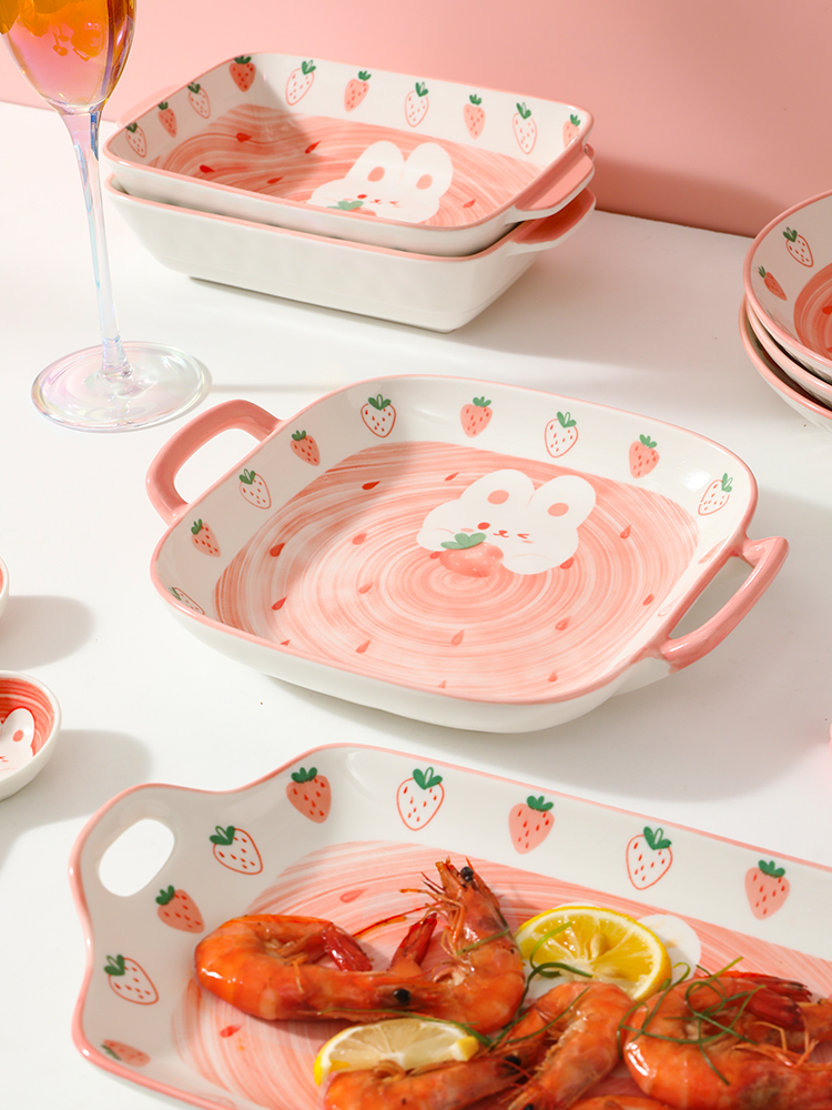 草莓盘子家用少女可爱菜盘卡通陶瓷餐盘好看的2023新款双耳深圆盘