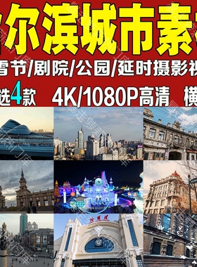 4K哈尔滨城市延时摄影素材冰雪大世界大剧院教堂航拍风景高清视频