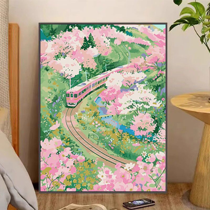 春日列车数字油画diy填充填色手工绘花卉风景丙烯油彩画装饰挂画