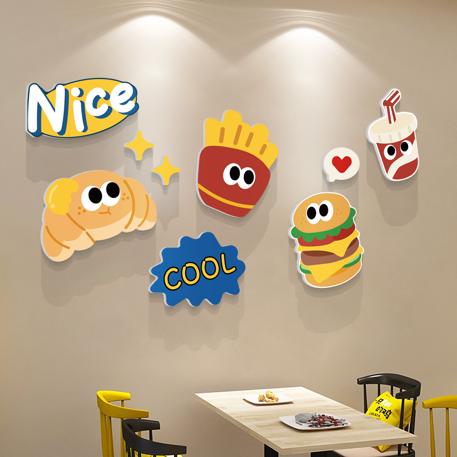 网红汉堡店墙面装饰品炸鸡厅背景小吃披萨布置玻璃门壁纸贴画创意