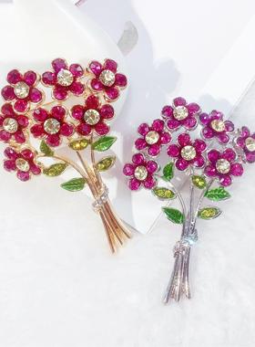 韩版新款创意合金镶钻花卉精致胸针粉色花束彩绘跨境现货胸花厂家