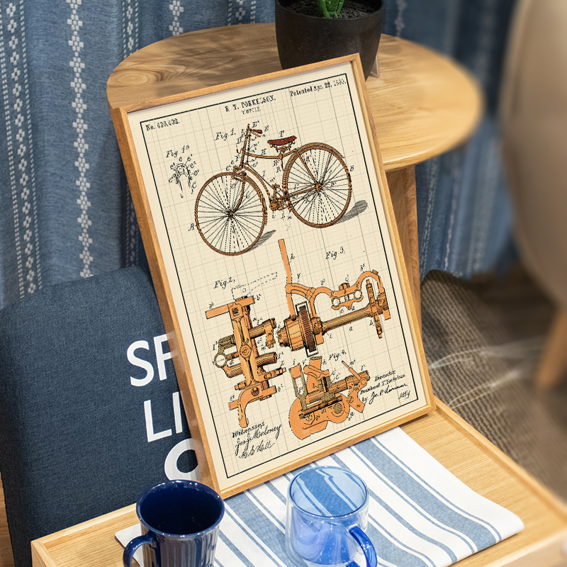 ZOYART 摩托自行车设计图纸工业风怀旧装饰画ins男孩卧室书房挂画