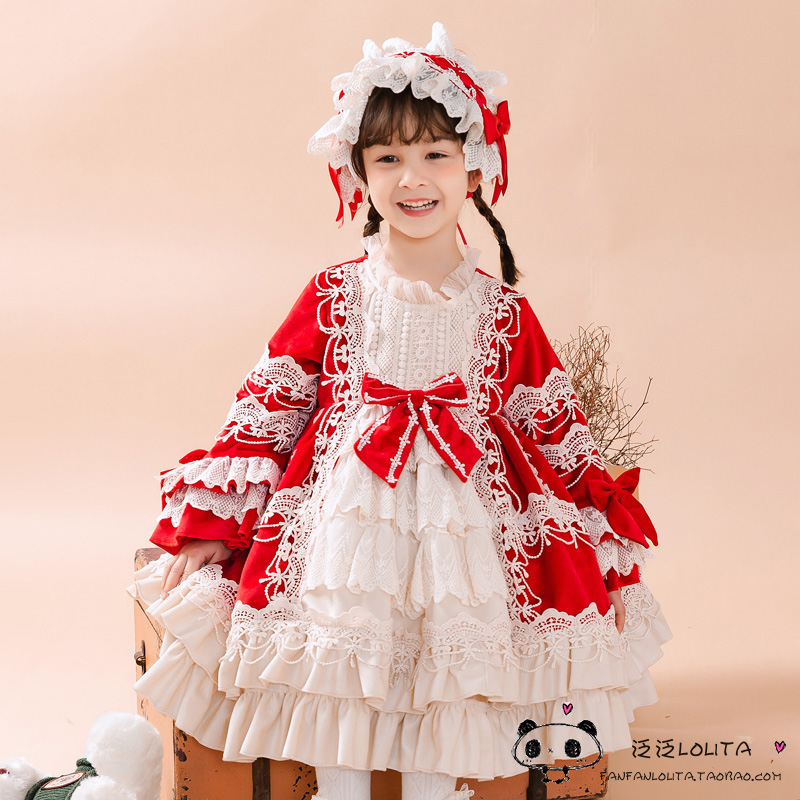 原创正版洛丽塔小裙子喜庆红色长袖连衣裙女童丝绒元旦节女童服装