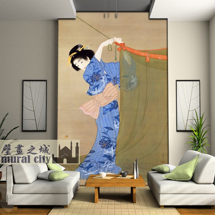日式仕女图壁纸和风浮世绘女子艺伎墙纸墙布东洋复古风背景壁画布