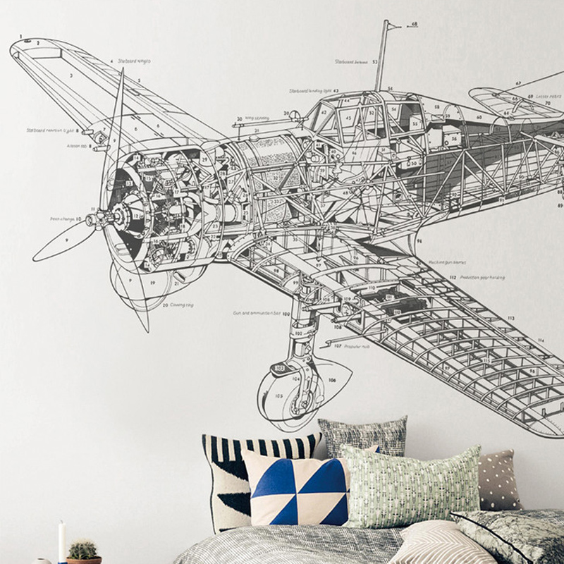 福克猎鹰 黑白飞机儿童房客厅卧室背景墙纸 高品质壁纸定制壁画