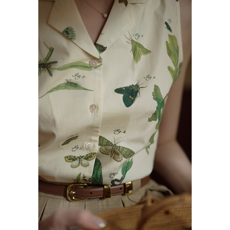 Ching's复刻中古贝壳图案上衣 棉质显瘦砍袖1950年代法式复古衬衫