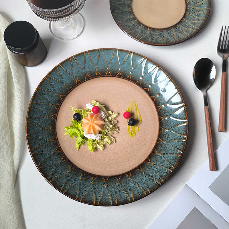 陶瓷盘子创意菜盘西餐盘家用复古牛排盘子墨绿色浮雕边个性摆盘