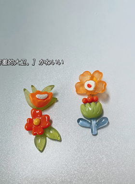 简笔画原创不对称设计复古可爱小众甜美卡通花朵造型彩色耳夹耳环