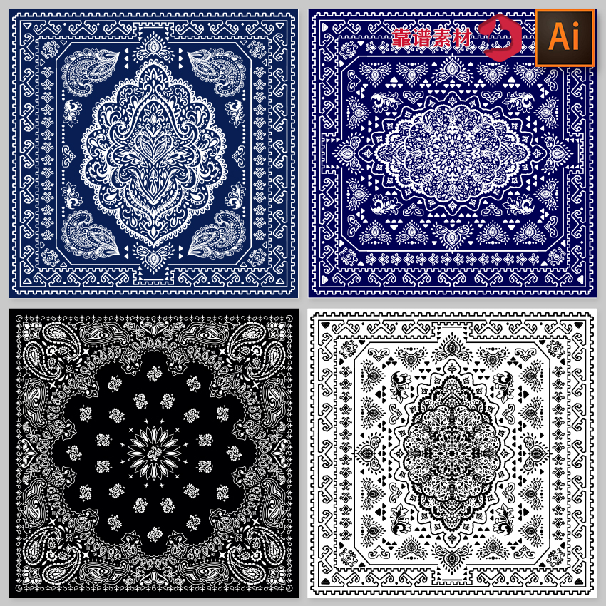 简约传统民俗黑白青花对称花纹方巾服饰地毯挂毯图案矢量设计素材
